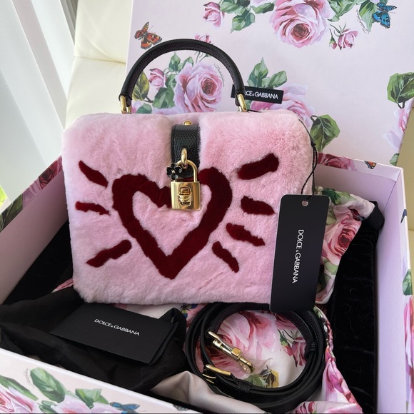 NEW Pink Leather Brand Logo Handbag Rabbit Fur Padlock Lizard - Picture 5 of 9